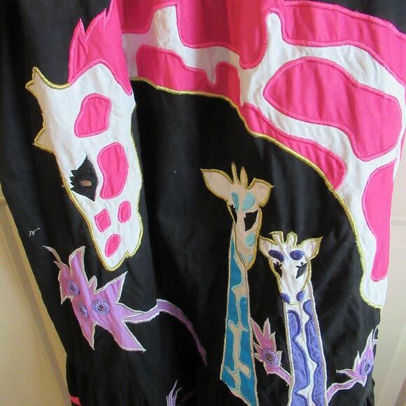 Vtg RAMONA RULL Cotton Giraffes Animals Mirrored Boho Dress Caftan Muumuu Small - Picture 2 of 8